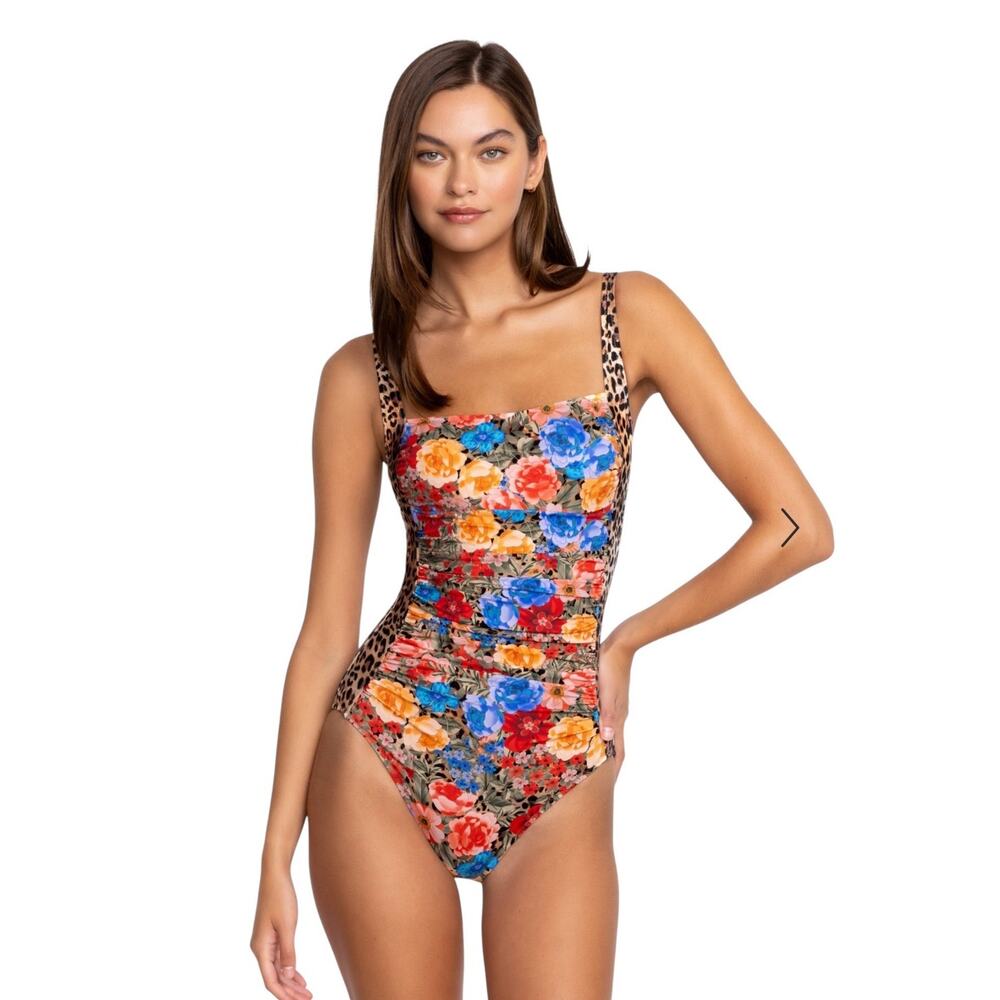 NWT! Johnny Was Cheetah Animal Print Ruched One Piece Swimsuit - Size XS